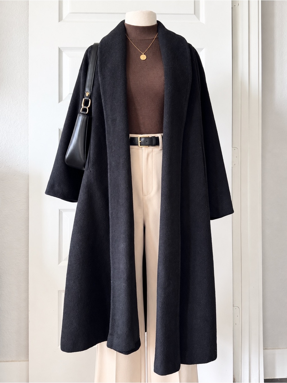 Vintage 1950s 1960s 100% Cashmere Swing Oversized Coat Black Shawl Collar